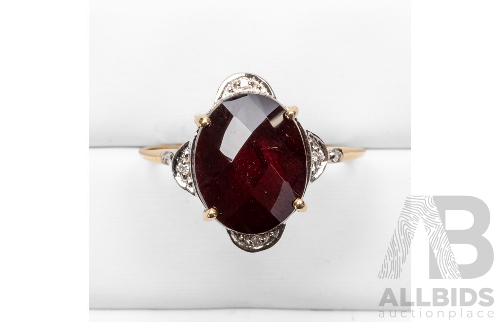 9ct Yellow Gold Natural Garnet & Diamond Ring with IGI Valuation - Size O