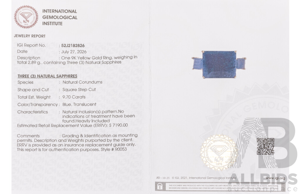 9ct Yellow Gold Natural Sapphire Ring with IGI Valuation - Size N.5
