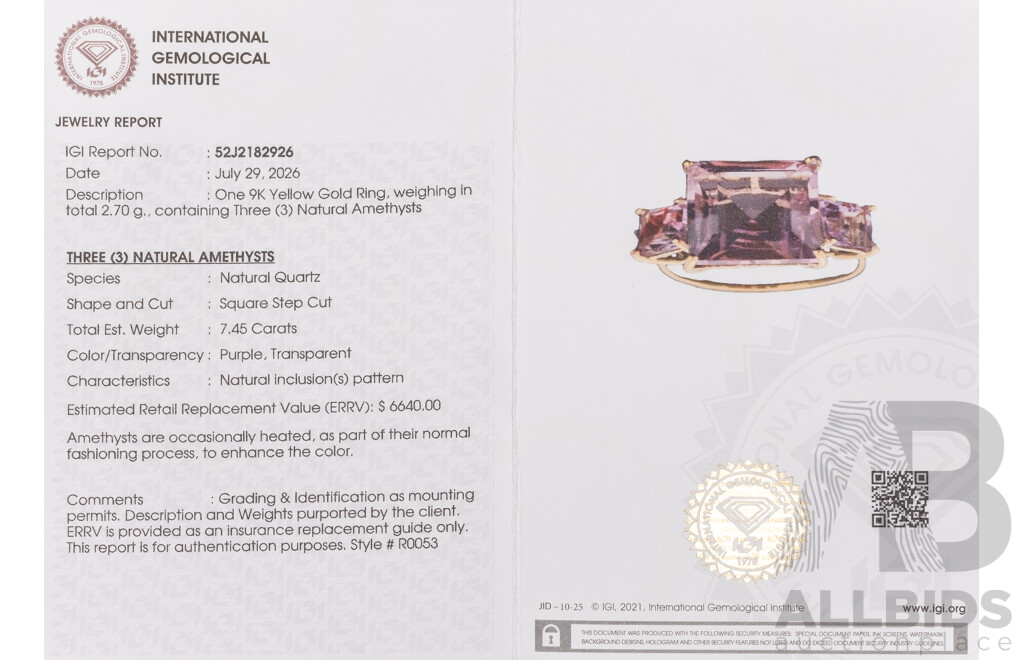 9ct Yellow Gold Natural Amethyst / Natural Amethyst Ring with IGI Valuation - Size O.5