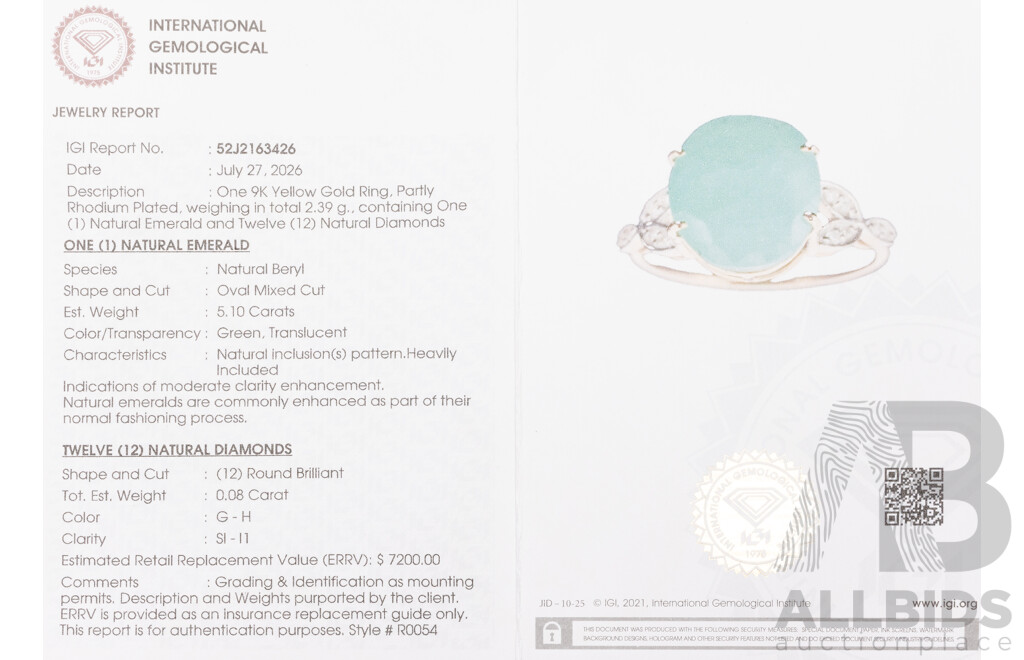 9ct Yellow Gold Natural Emerald & Diamond Ring with IGI Valuation - Size O