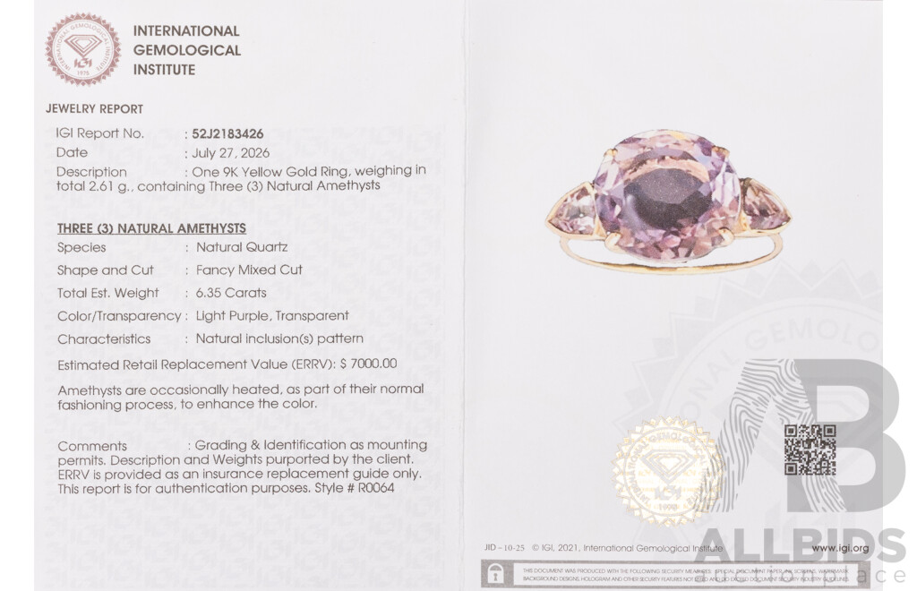 9ct Yellow Gold Natural Amethyst / Natural Amethyst Ring with IGI Valuation - Size O