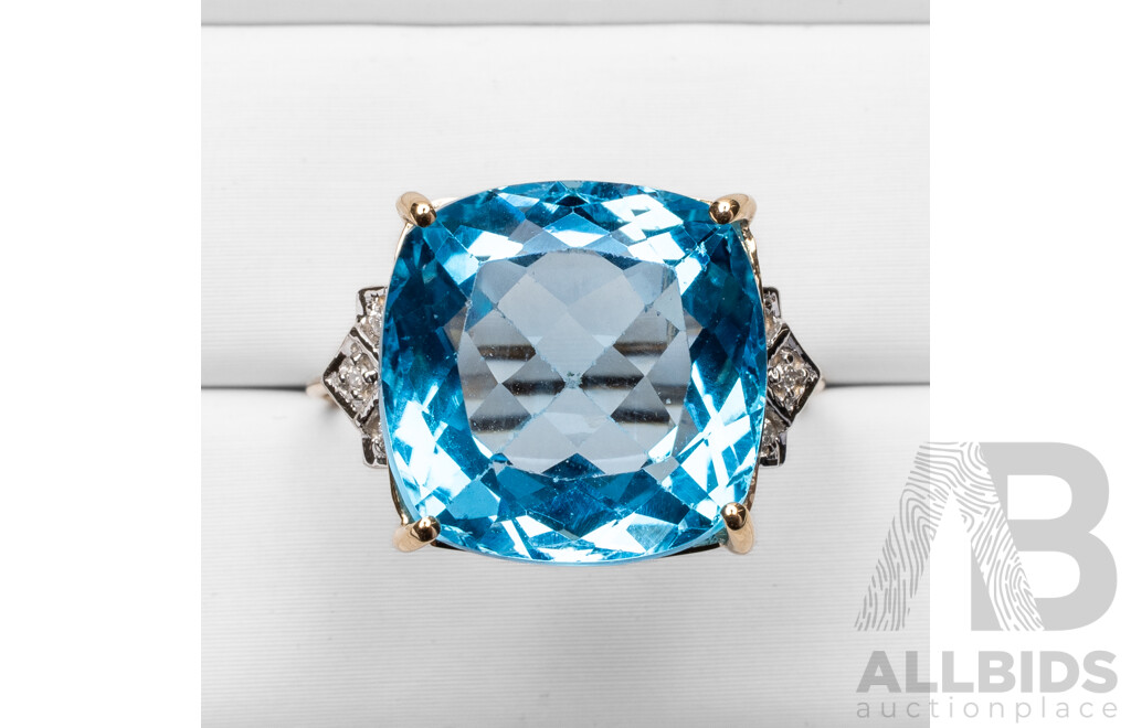 9ct Yellow Gold Natural Swiss Blue Topaz & Diamond Ring with IGI Valuation - Size O