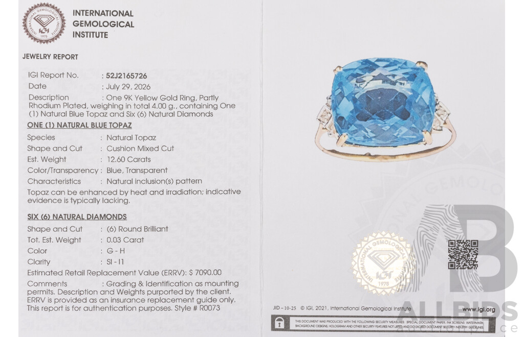 9ct Yellow Gold Natural Swiss Blue Topaz & Diamond Ring with IGI Valuation - Size O