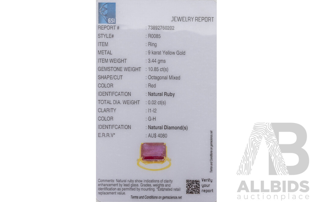 9ct Yellow Gold Natural Ruby & Diamond Ring with Valuation - Size N.5