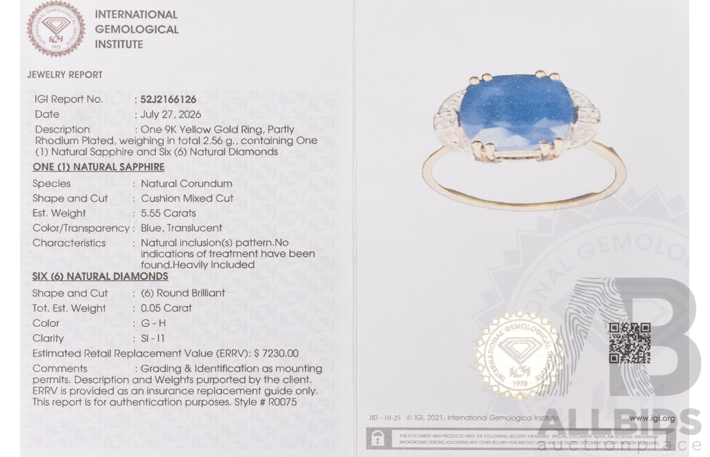 9ct Yellow Gold Natural Sapphire & Diamond Ring with IGI Valuation - Size O.5