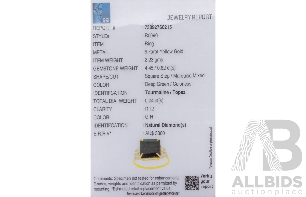 9ct Yellow Gold Natural Tourmaline, Topaz & Diamond Ring with Valuation - Size N