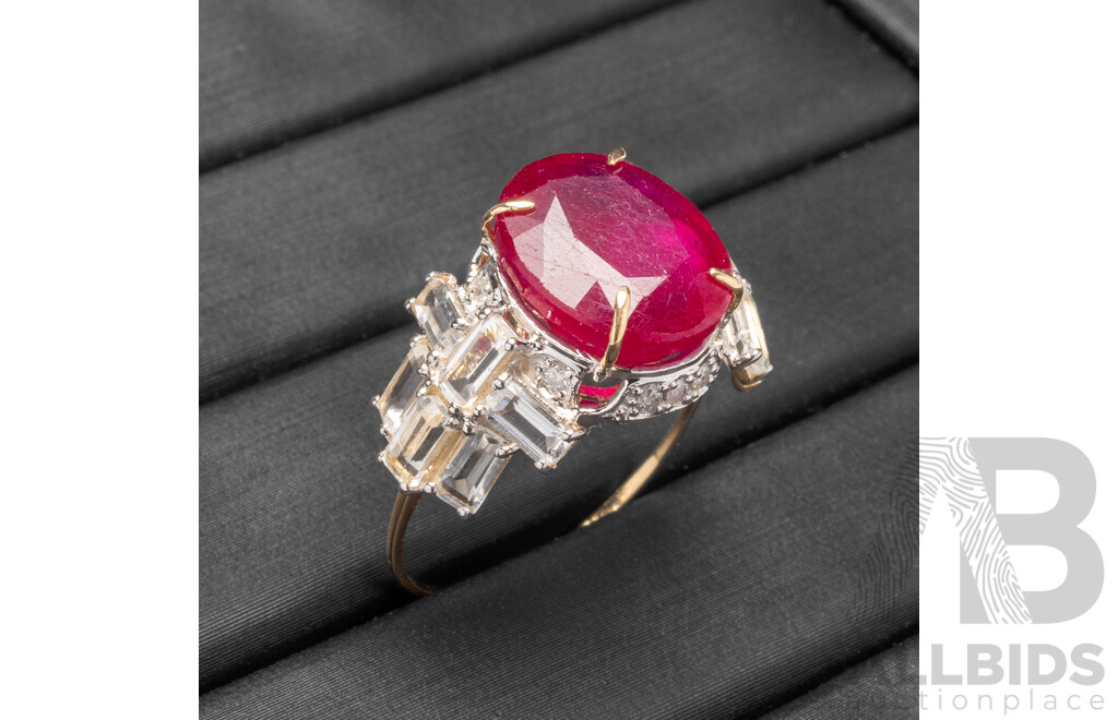 9ct Yellow Gold Natural Ruby, Topaz & Diamond Ring with Valuation - Size L.5