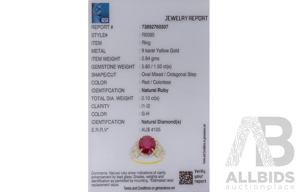 9ct Yellow Gold Natural Ruby, Topaz & Diamond Ring with Valuation - Size L.5