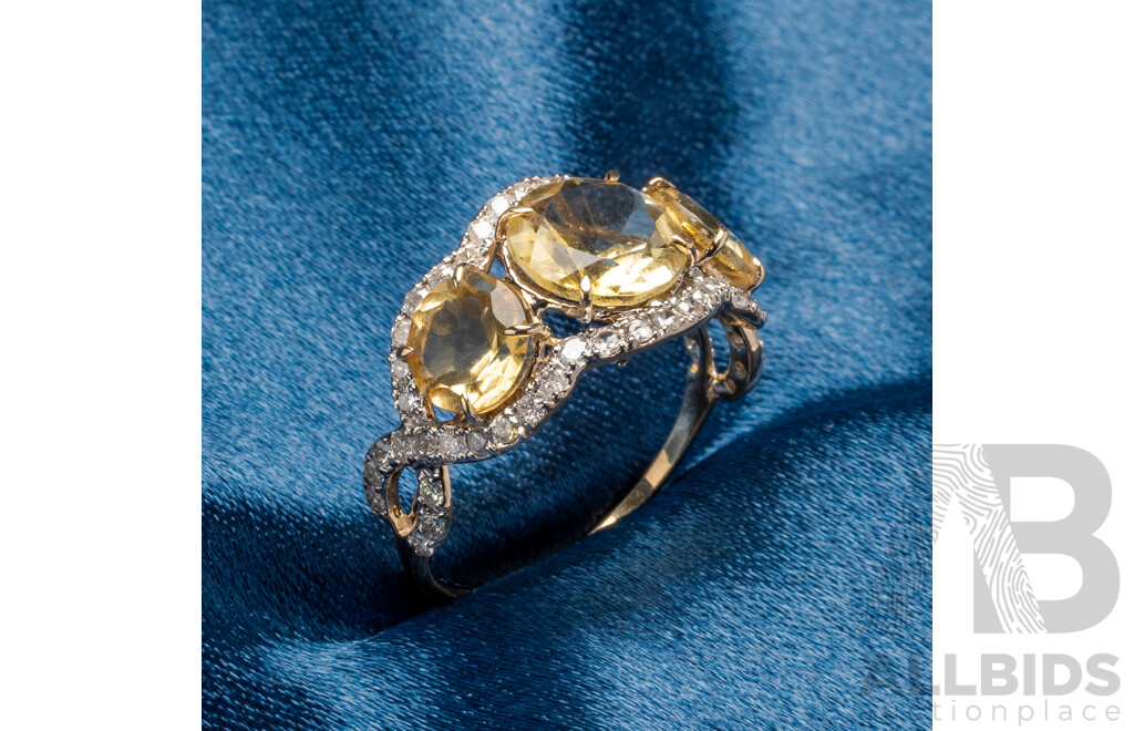 9ct Yellow Gold Natural Citrine & Diamond Ring with Valuation - Size L.5
