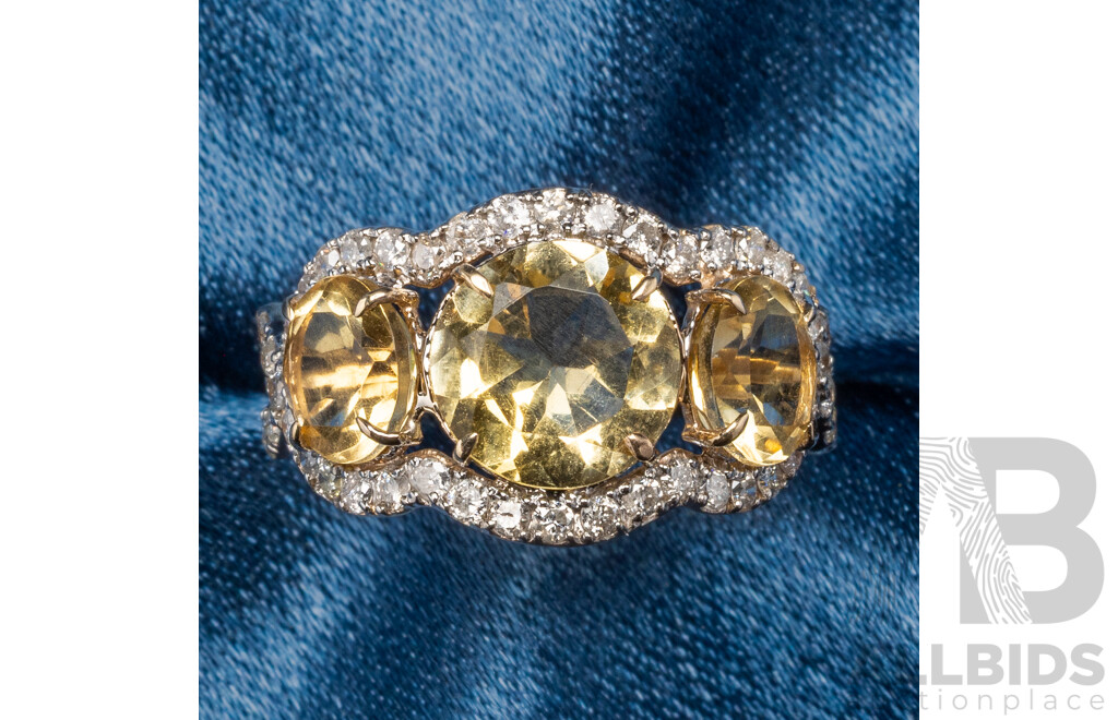 9ct Yellow Gold Natural Citrine & Diamond Ring with Valuation - Size L.5