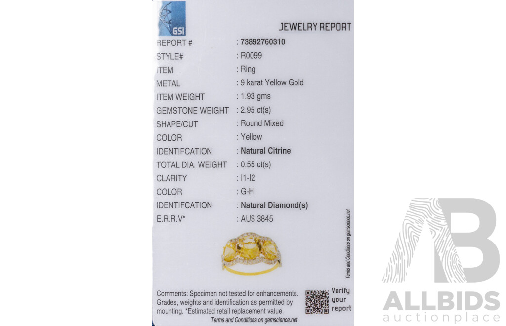 9ct Yellow Gold Natural Citrine & Diamond Ring with Valuation - Size L.5