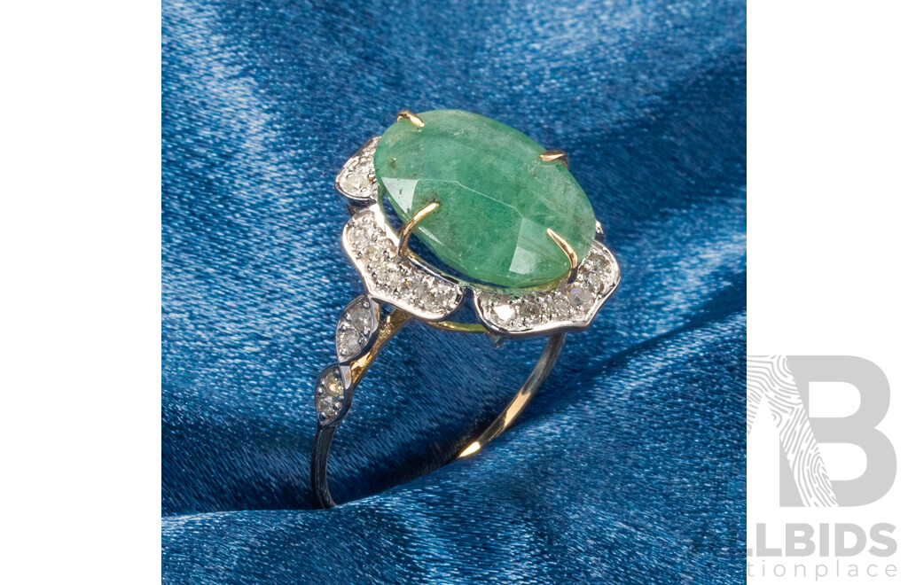 9ct Yellow Gold Natural Emerald & Diamond Ring with Valuation - Size L.5