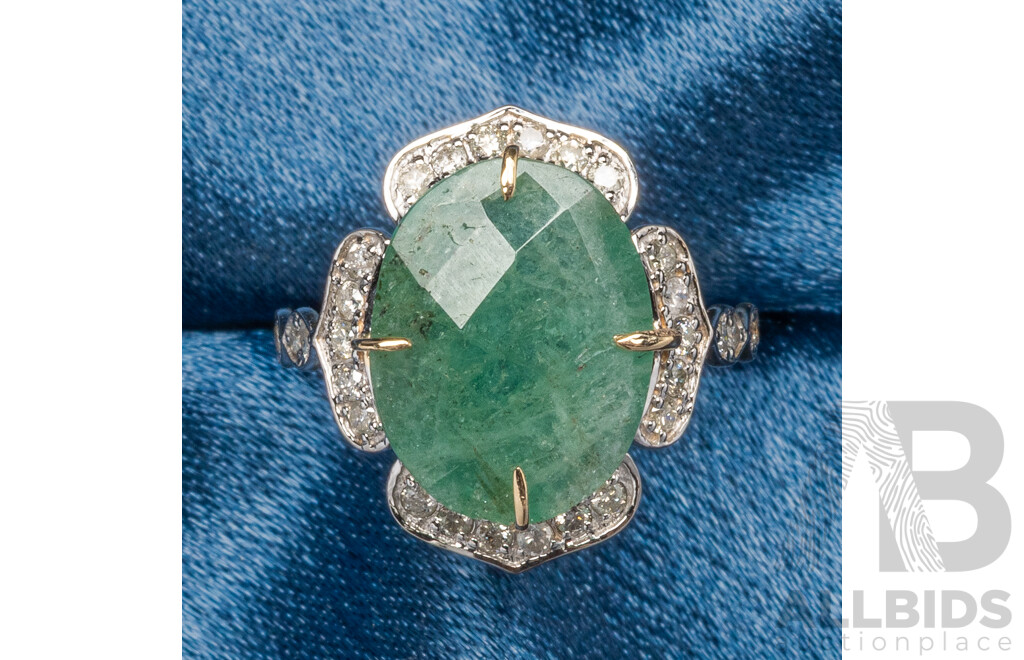 9ct Yellow Gold Natural Emerald & Diamond Ring with Valuation - Size L.5
