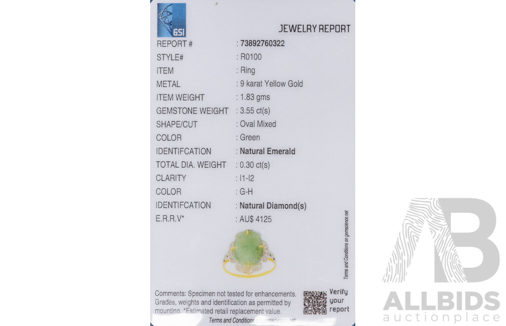 9ct Yellow Gold Natural Emerald & Diamond Ring with Valuation - Size L.5