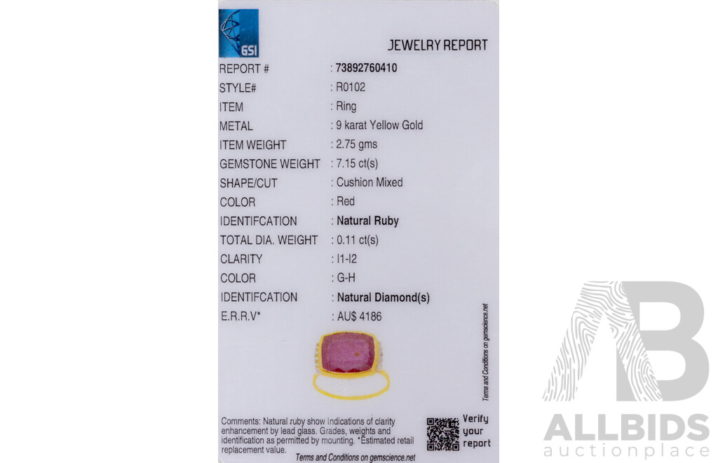 9ct Yellow Gold Natural Ruby & Diamond Ring with Valuation - Size L.5