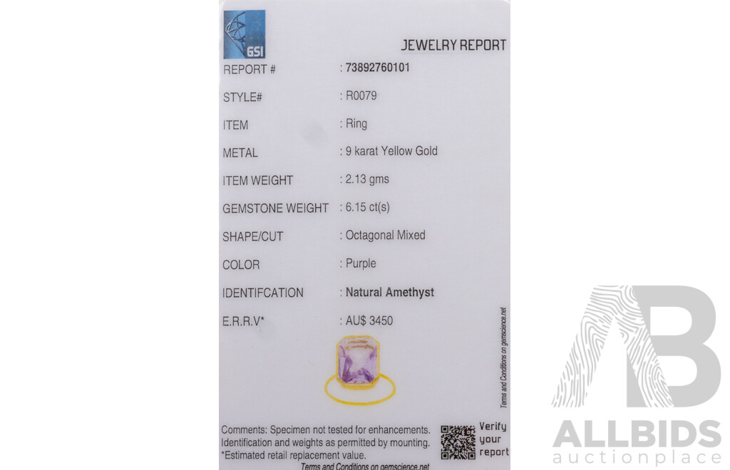 9ct Yellow Gold Natural Amethyst Ring with Valuation - Size N