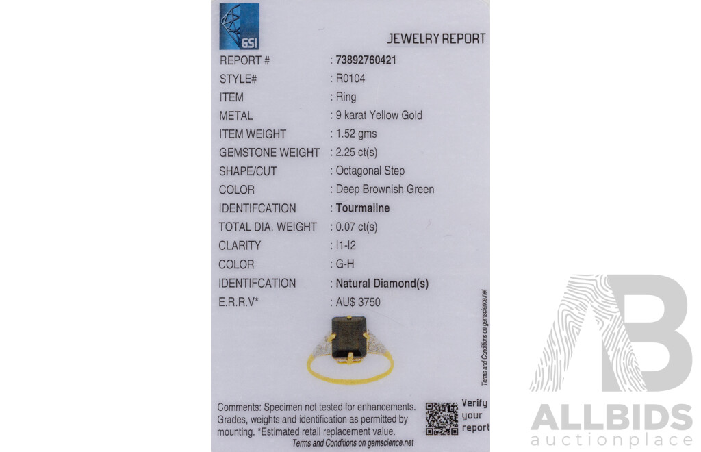 9ct Yellow Gold Natural Tourmaline & Diamond Ring with Valuation - Size L.5