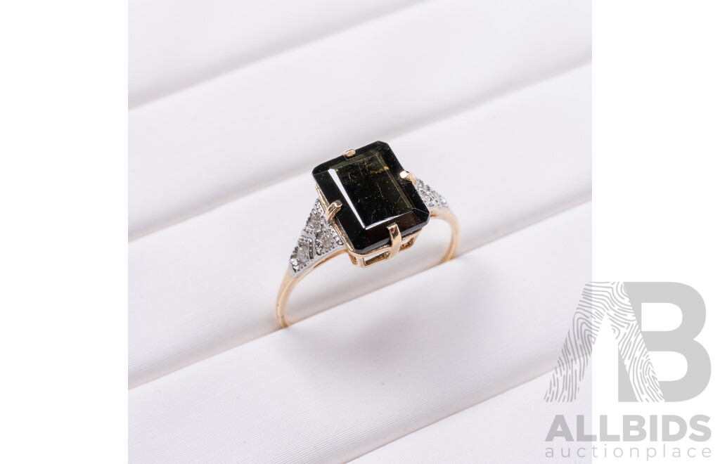 9ct Yellow Gold Natural Tourmaline & Diamond Ring with Valuation - Size L.5