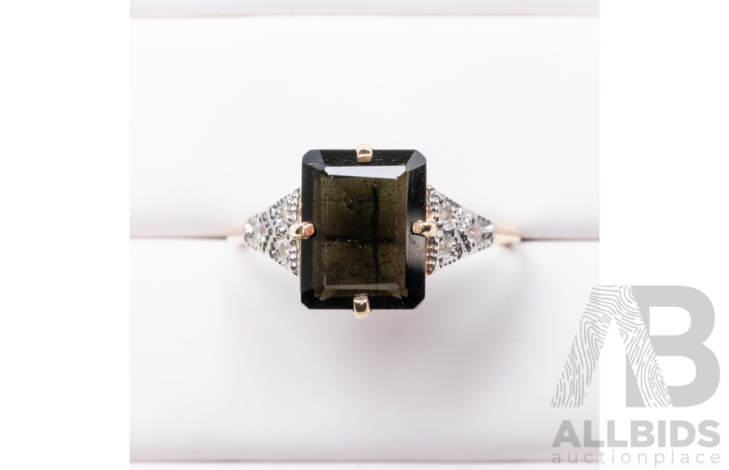 9ct Yellow Gold Natural Tourmaline & Diamond Ring with Valuation - Size L.5