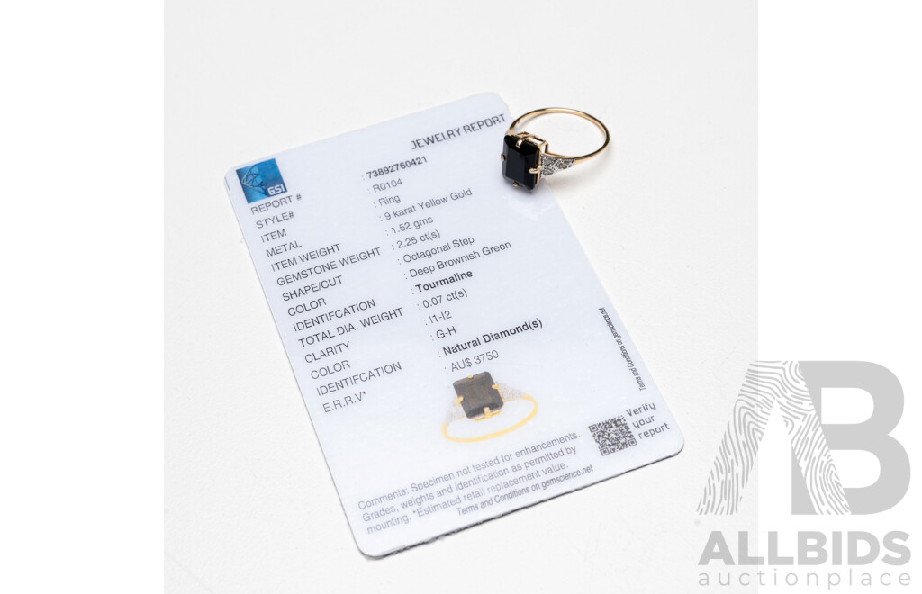 9ct Yellow Gold Natural Tourmaline & Diamond Ring with Valuation - Size L.5