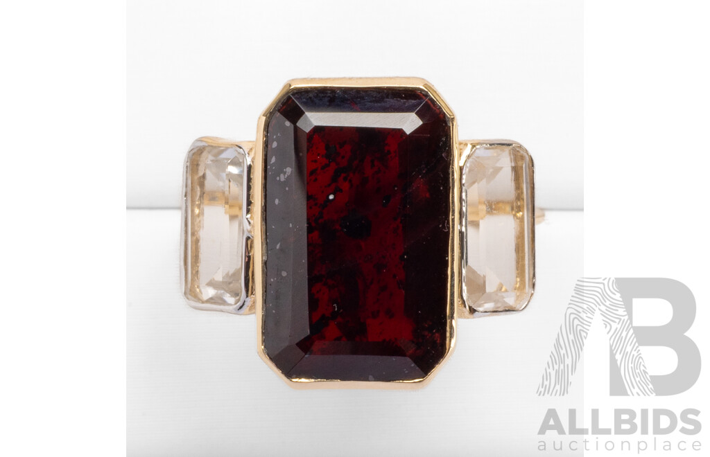 9ct Yellow Gold Natural Garnet / Natural White Topaz Ring with Valuation - Size O