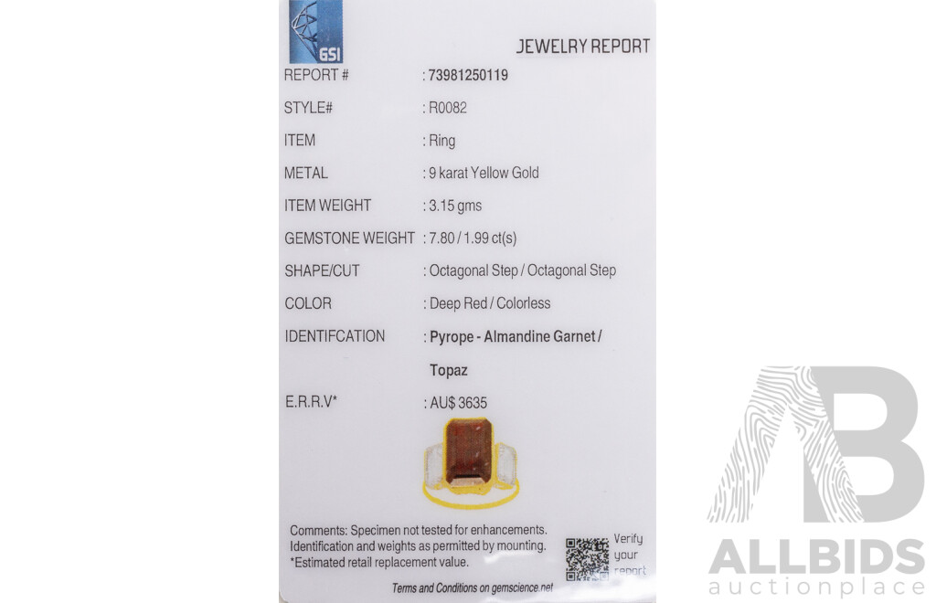 9ct Yellow Gold Natural Garnet / Natural White Topaz Ring with Valuation - Size O