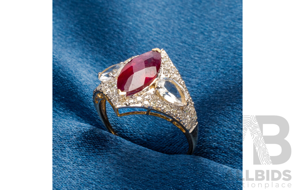 9ct Yellow Gold Natural Ruby / Natural White Topaz & Diamond Ring with Valuation - Size N.5