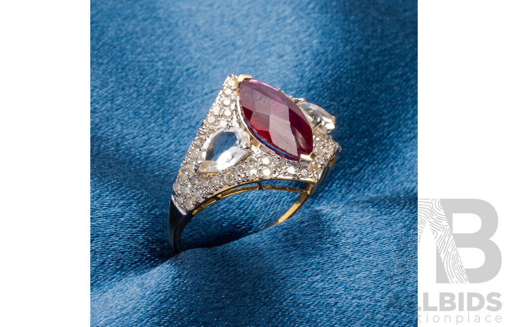 9ct Yellow Gold Natural Ruby / Natural White Topaz & Diamond Ring with Valuation - Size N.5