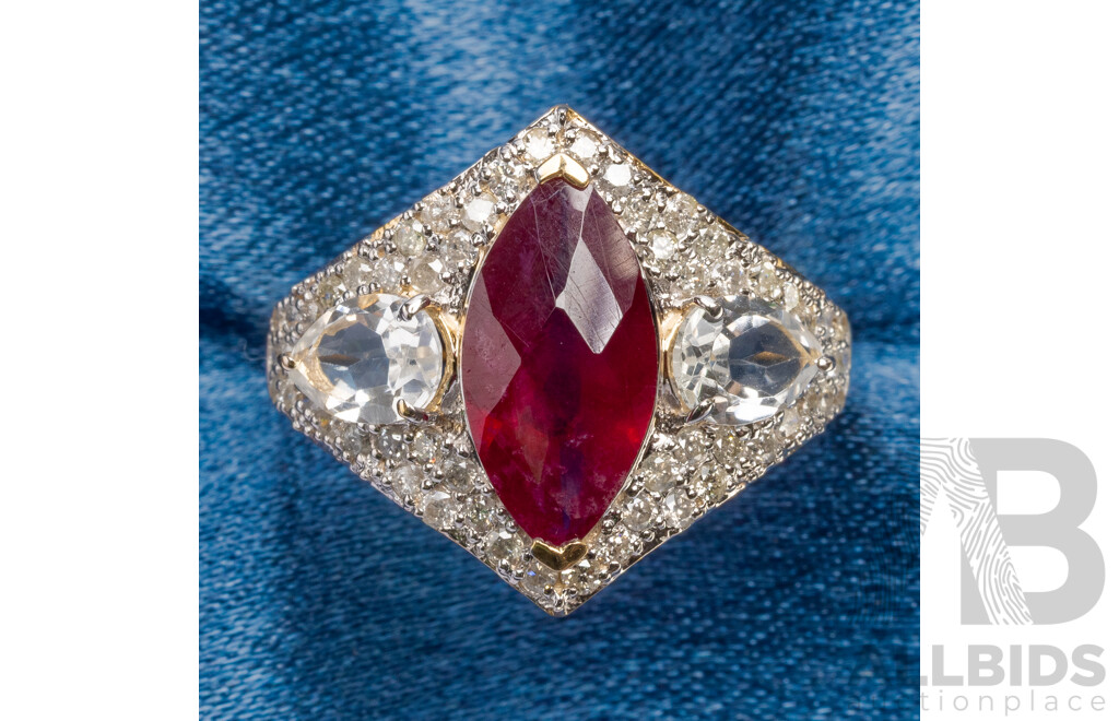 9ct Yellow Gold Natural Ruby / Natural White Topaz & Diamond Ring with Valuation - Size N.5
