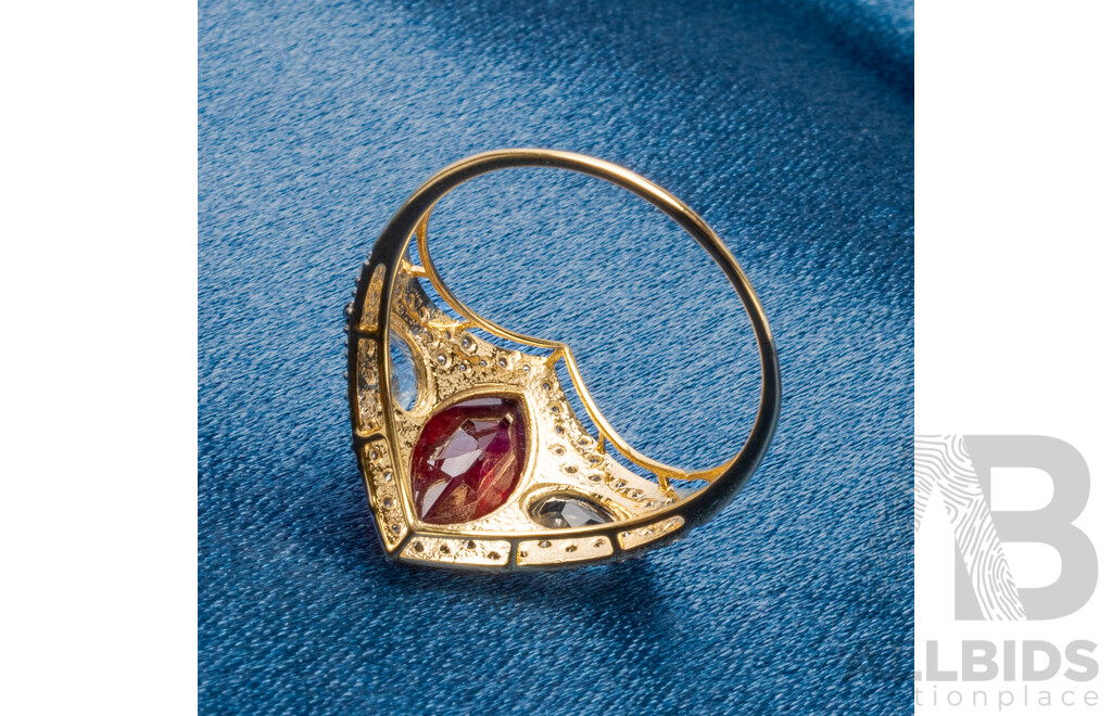 9ct Yellow Gold Natural Ruby / Natural White Topaz & Diamond Ring with Valuation - Size N.5