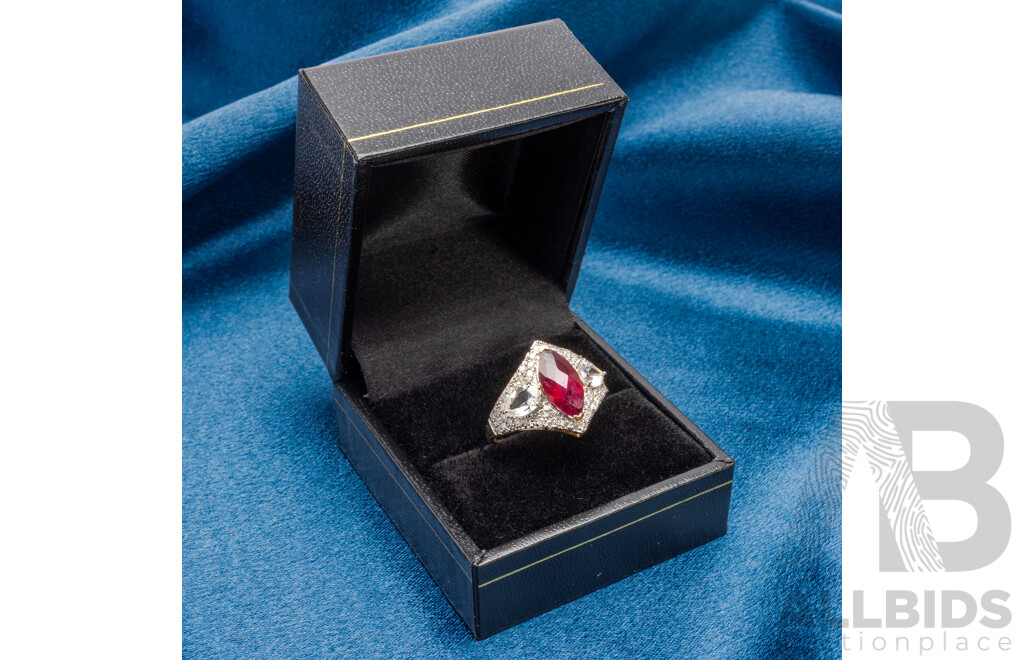 9ct Yellow Gold Natural Ruby / Natural White Topaz & Diamond Ring with Valuation - Size N.5