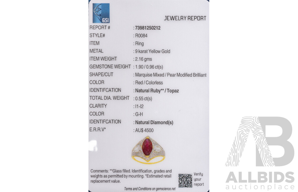 9ct Yellow Gold Natural Ruby / Natural White Topaz & Diamond Ring with Valuation - Size N.5