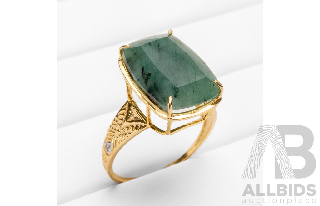 9ct Yellow Gold Natural Emerald & Diamond Ring with Valuation - Size L.5