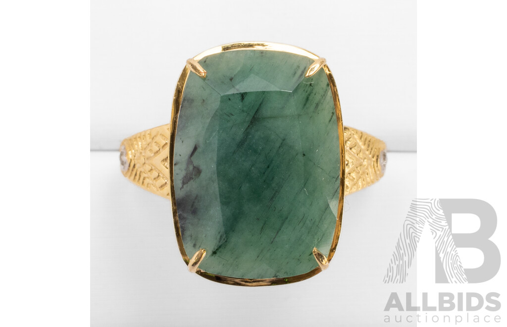 9ct Yellow Gold Natural Emerald & Diamond Ring with Valuation - Size L.5