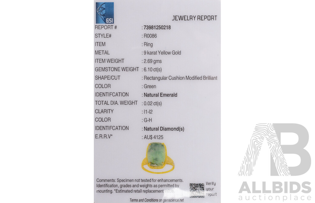 9ct Yellow Gold Natural Emerald & Diamond Ring with Valuation - Size L.5