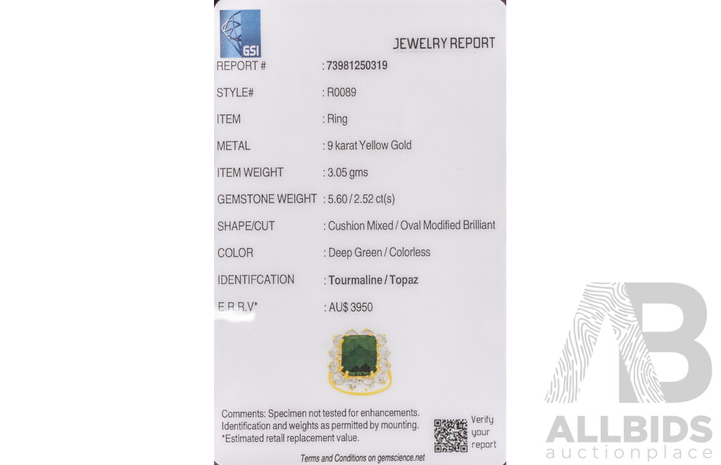 9ct Yellow Gold Natural Tourmaline / Natural White Topaz Ring with Valuation - Size N.5