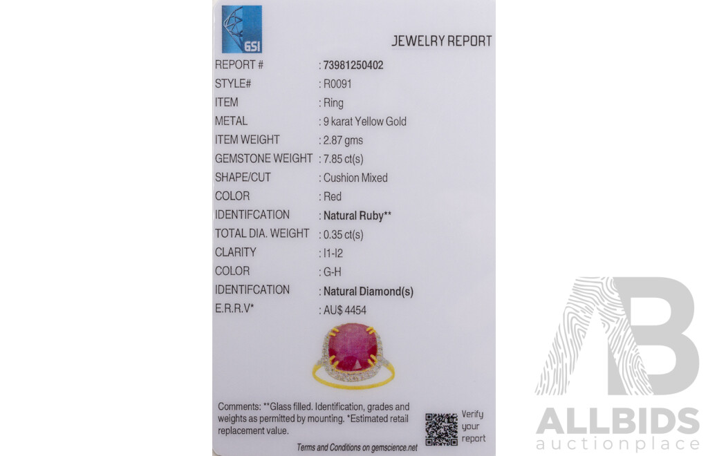 9ct Yellow Gold Natural Ruby & Diamond Ring with Valuation - Size N.5