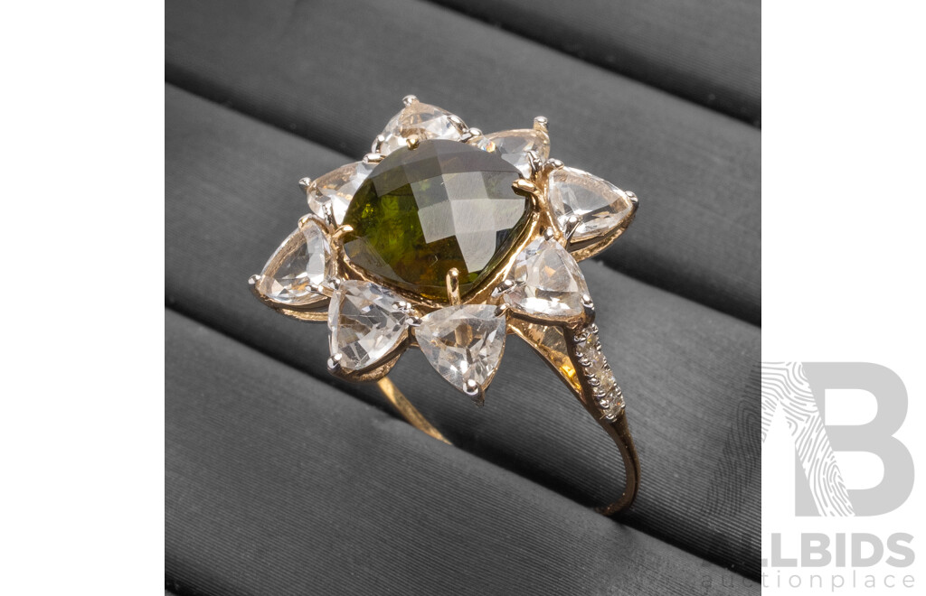 9ct Yellow Gold Natural Tourmaline / Natural White Topaz & Diamond Ring with Valuation - Size L.5