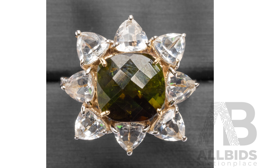 9ct Yellow Gold Natural Tourmaline / Natural White Topaz & Diamond Ring with Valuation - Size L.5