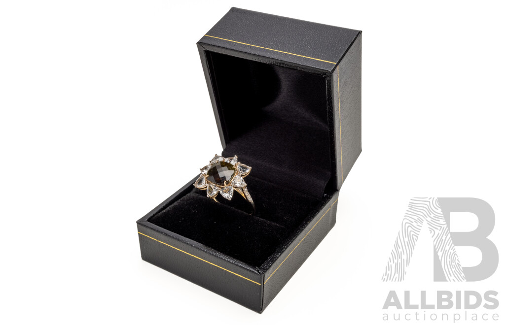 9ct Yellow Gold Natural Tourmaline / Natural White Topaz & Diamond Ring with Valuation - Size L.5