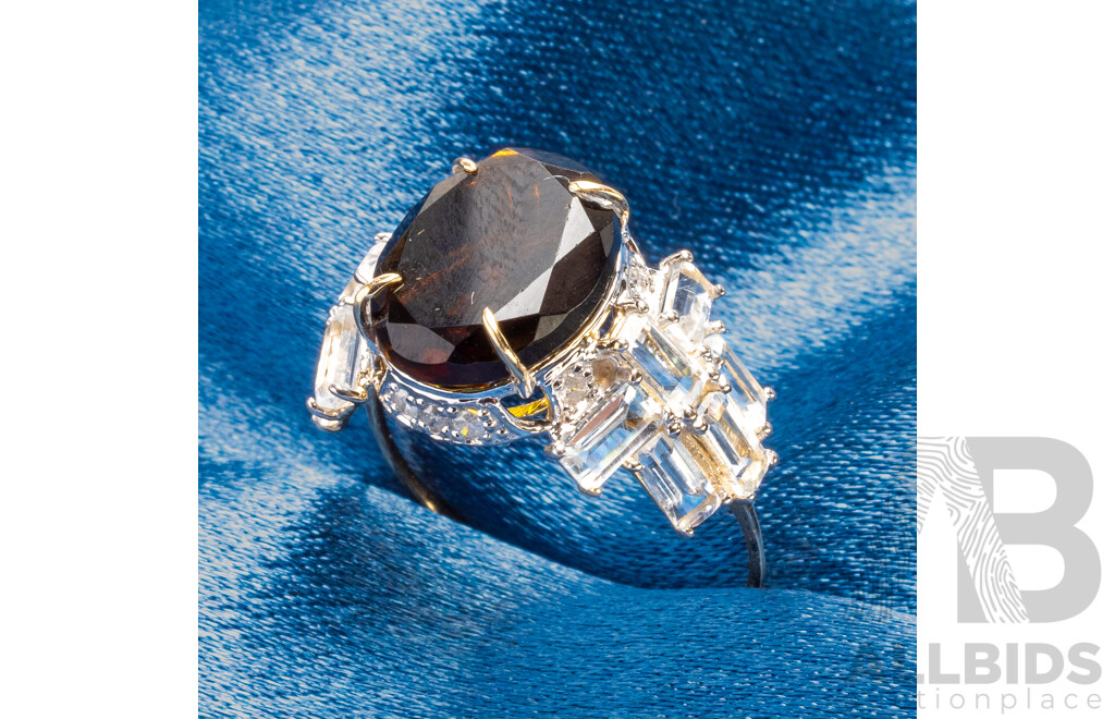 9ct Yellow Gold Natural Tourmaline / Natural White Topaz & Diamond Ring with Valuation - Size L.5