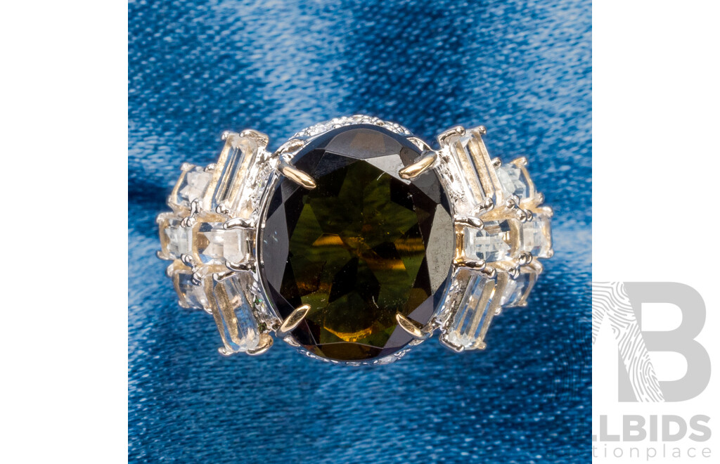 9ct Yellow Gold Natural Tourmaline / Natural White Topaz & Diamond Ring with Valuation - Size L.5