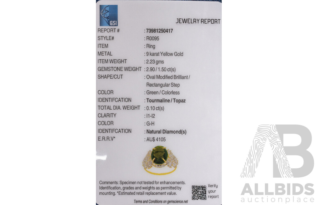 9ct Yellow Gold Natural Tourmaline / Natural White Topaz & Diamond Ring with Valuation - Size L.5