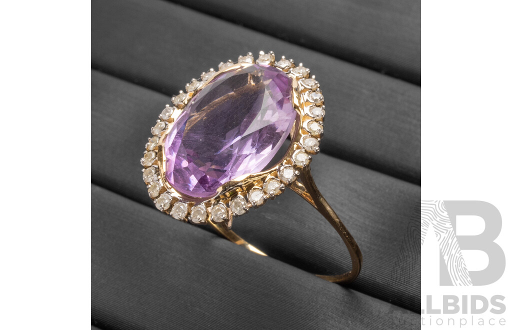 9ct Yellow Gold Natural Amethyst & Diamond Ring with Valuation - Size O
