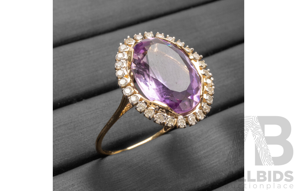 9ct Yellow Gold Natural Amethyst & Diamond Ring with Valuation - Size O
