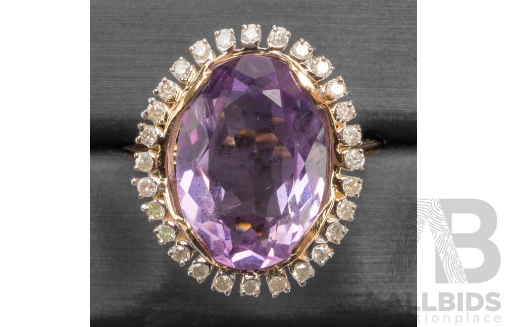 9ct Yellow Gold Natural Amethyst & Diamond Ring with Valuation - Size O