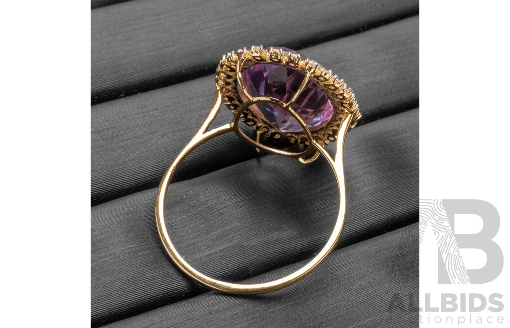 9ct Yellow Gold Natural Amethyst & Diamond Ring with Valuation - Size O