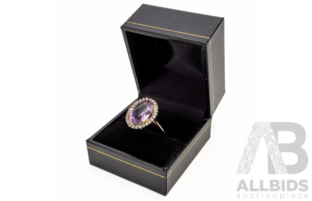 9ct Yellow Gold Natural Amethyst & Diamond Ring with Valuation - Size O