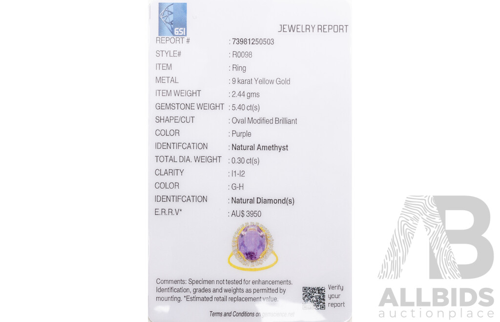 9ct Yellow Gold Natural Amethyst & Diamond Ring with Valuation - Size O