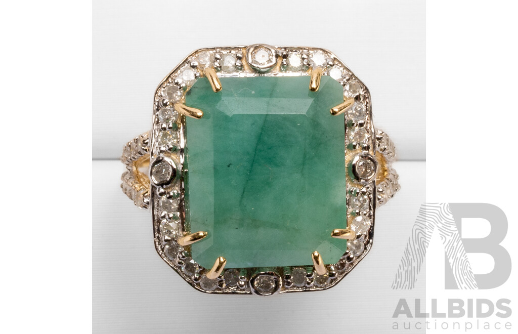9ct Yellow Gold Natural Emerald & Diamond Ring with Valuation - Size L